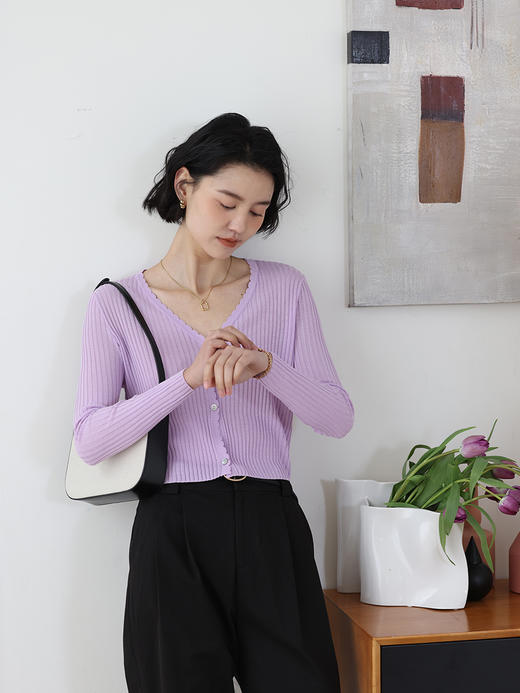 HeyDress法式针织开衫女夏季复古V领坑条肌理防晒衫花边领短上衣 商品图2