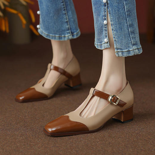 春秋新款，真皮拼色粗跟浅口单鞋DZM-AA2332 商品图6