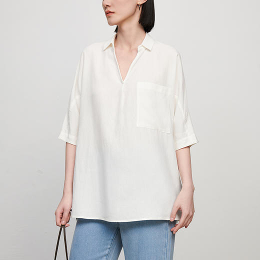 IN AND ON 19-8006春夏女士衬衫新款亚麻宽松百搭通勤显瘦V领上衣 商品图4