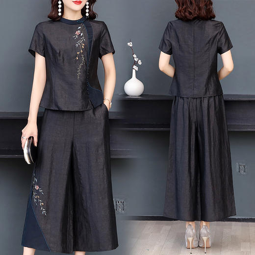 新款气质复古绣花上衣阔腿裤妈妈装大码两件套AHM-qyy9607 商品图3