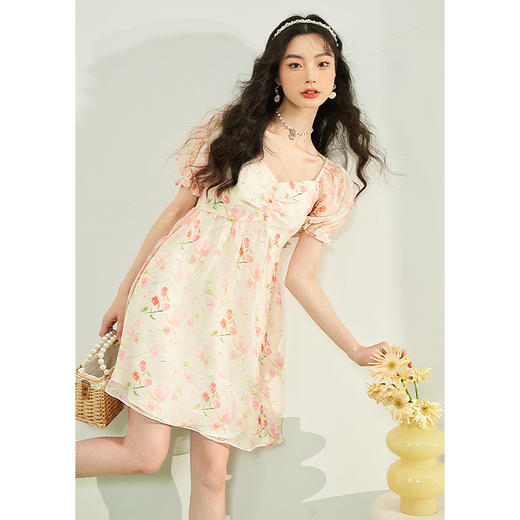 西遇法式碎花连衣裙女夏季新款晕染甜美高腰娃娃裙粉色短裙10930665 商品图0