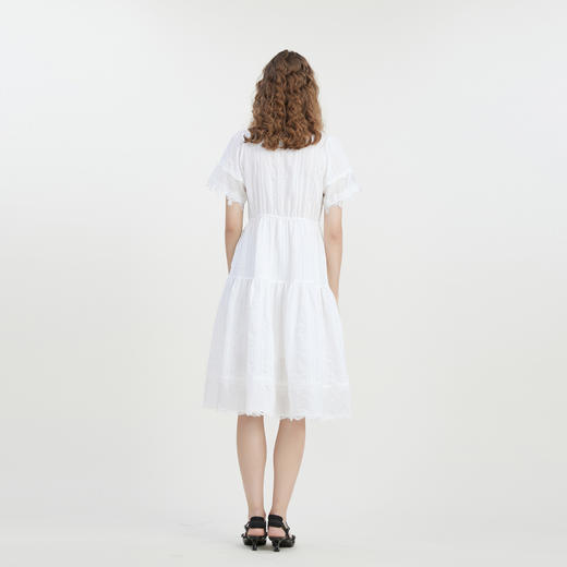 谜底方领连衣裙2023夏款小清新白色裙子收腰中长裙短袖232ML0699 商品图2