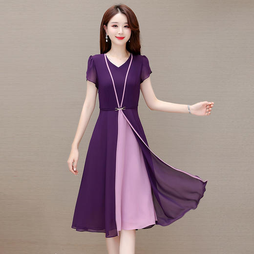 修身时尚，过膝假两件雪纺裙圆领气质连衣裙QYM-AH-23A1649-L 商品图0