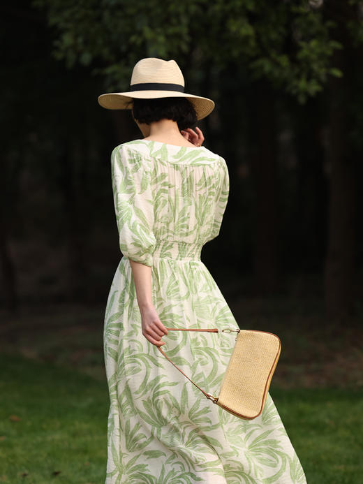 HeyDress法式树叶印花连衣裙女夏季绿色收腰肌理感度假风长裙子 商品图1
