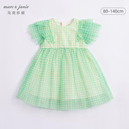 马克珍妮夏装新款裙子 女童绿格网纱拼接短袖连衣裙230982 商品图2