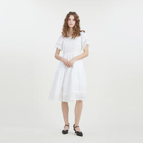 谜底方领连衣裙2023夏款小清新白色裙子收腰中长裙短袖232ML0699