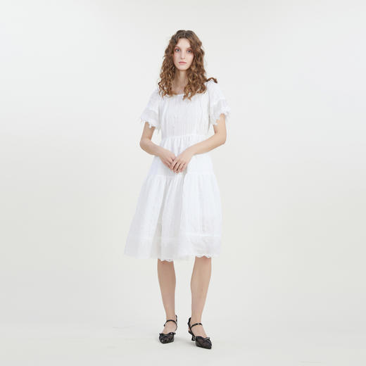 谜底方领连衣裙2023夏款小清新白色裙子收腰中长裙短袖232ML0699 商品图0