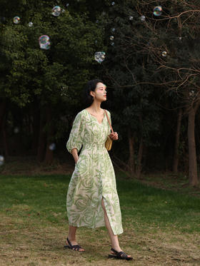 HeyDress法式树叶印花连衣裙女夏季绿色收腰肌理感度假风长裙子
