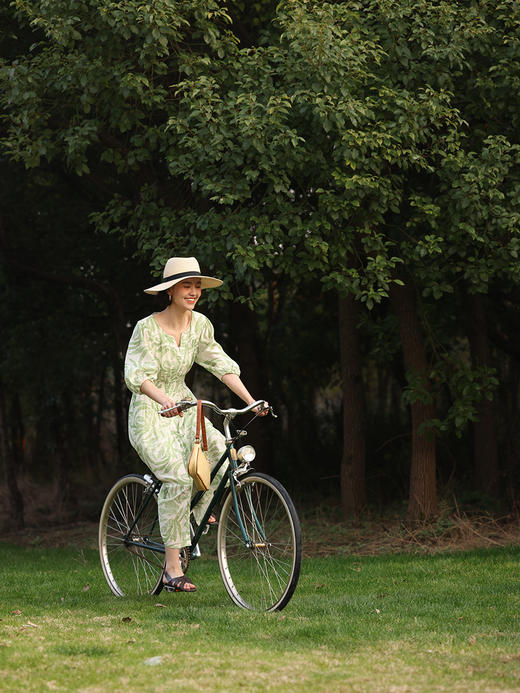 HeyDress法式树叶印花连衣裙女夏季绿色收腰肌理感度假风长裙子 商品图2