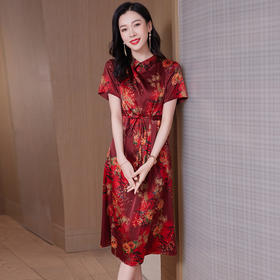 ASE-23032真丝连衣裙夏季新款复古设计感印花桑蚕丝收腰显瘦裙子