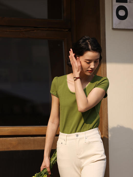 HeyDress法式花边T恤女夏季U领修身显瘦半袖泡泡袖别致短袖上衣 商品图1