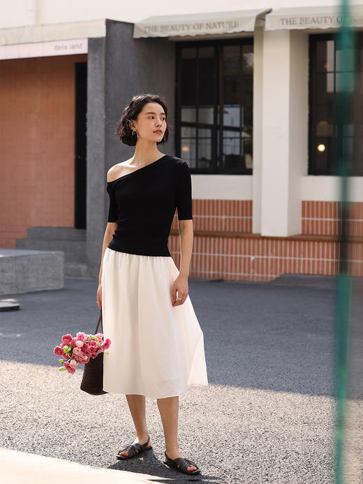 HeyDress斜领针织衫女夏季法式露肩设计修身短袖T恤坑条性感上衣 商品图1