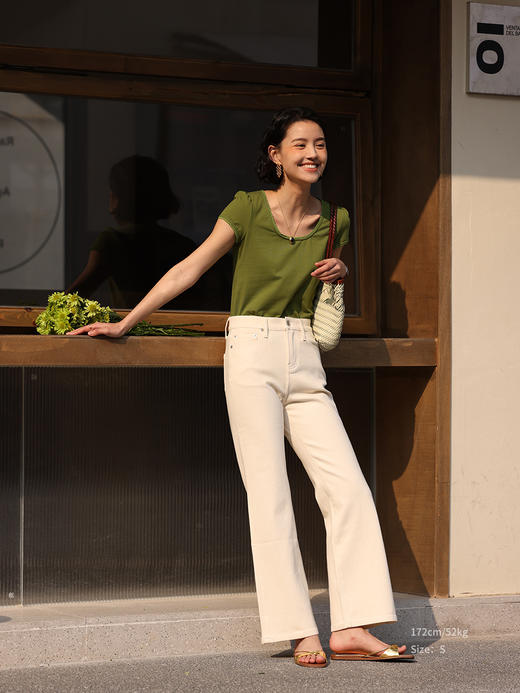 HeyDress法式花边T恤女夏季U领修身显瘦半袖泡泡袖别致短袖上衣 商品图2