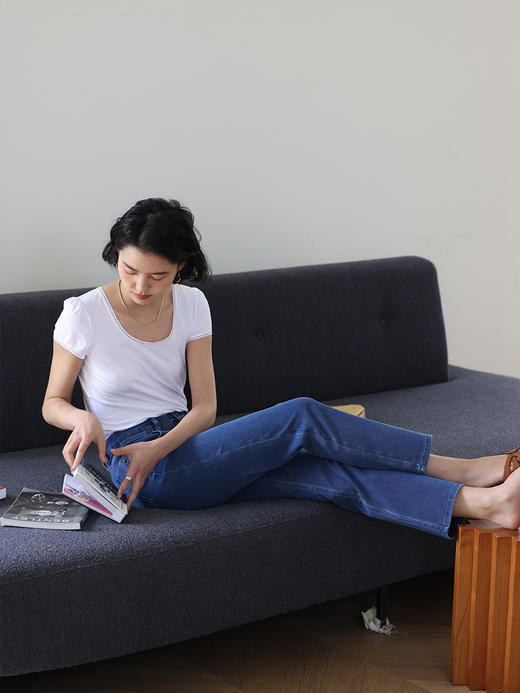 HeyDress直筒牛仔裤女春夏复古蓝色高腰弹力修身显瘦百搭九分裤子 商品图1