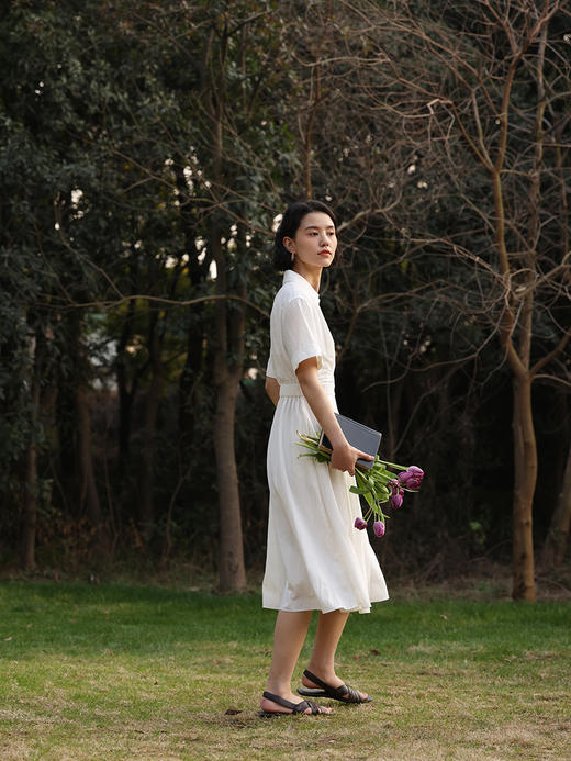 HeyDress法式衬衫连衣裙女夏季复古V领收腰白色肌理感气质初恋裙 商品图2