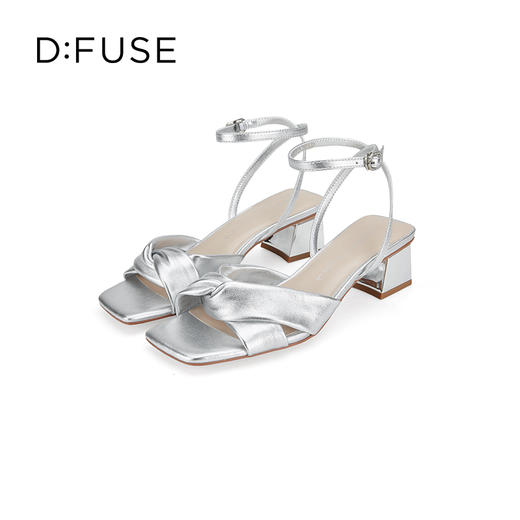 DFuse迪芙斯夏季新款羊皮方头褶皱扭结粗跟凉鞋女DF32115337 商品图1