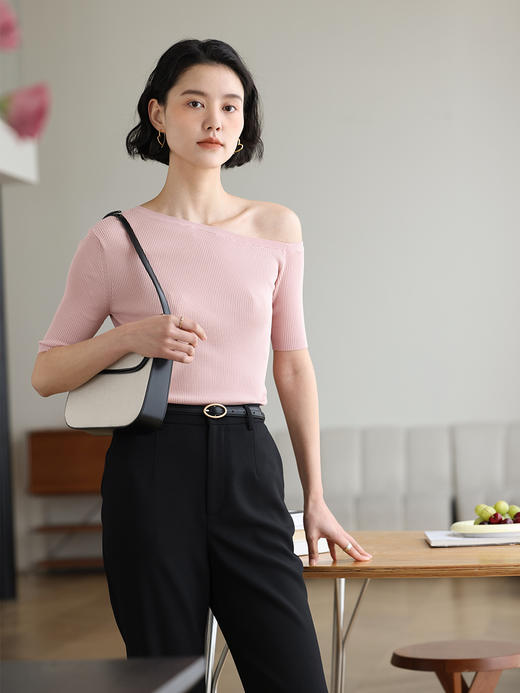 HeyDress斜领针织衫女夏季法式露肩设计修身短袖T恤坑条性感上衣 商品图2