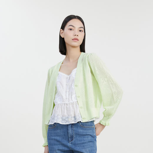 谜底V领针织开衫长袖女2023夏新款简约百搭荷叶袖口毛衫232MZ0871 商品图1