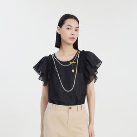 谜底飞飞袖上衣女2023夏新款复古特色印花圆领修身短袖232MS0639