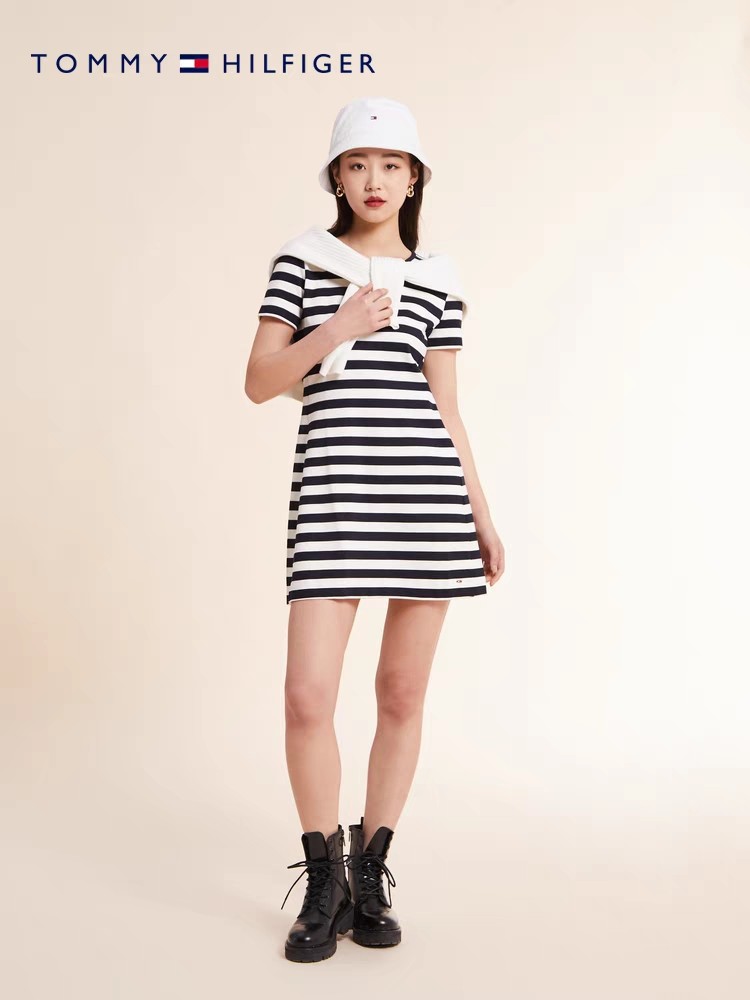 TOMMY HILFIGER   23新款春夏女装时尚通勤蓝白条纹拉链短袖连衣裙
