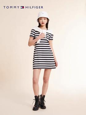 TOMMY HILFIGER   23新款春夏女装时尚通勤蓝白条纹拉链短袖连衣裙