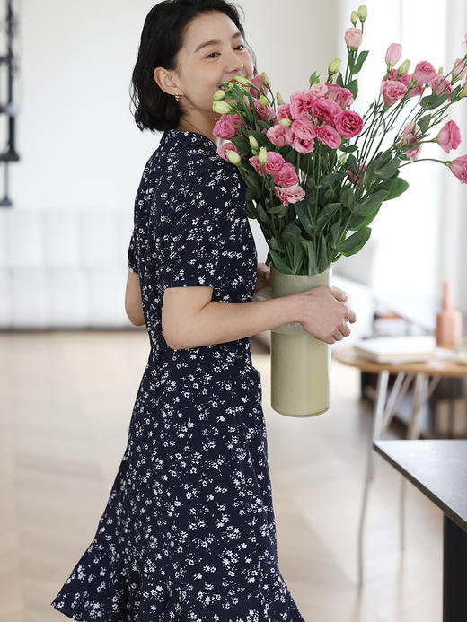 HeyDress法式碎花连衣裙女夏季复古青果领收腰裹身裙气质短款裙子 商品图3