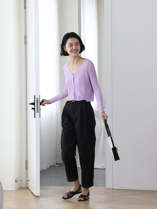 HeyDress法式针织开衫女夏季复古V领坑条肌理防晒衫花边领短上衣 商品图3