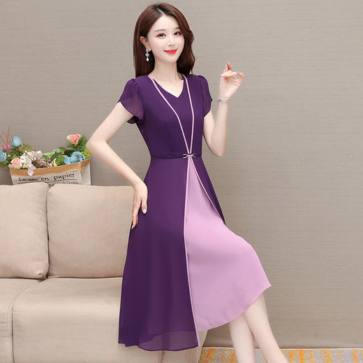 修身时尚，过膝假两件雪纺裙圆领气质连衣裙QYM-AH-23A1649-L 商品图2