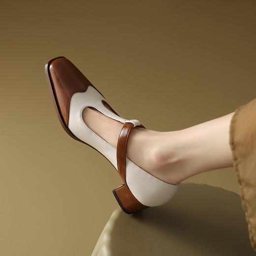 春秋新款，真皮拼色粗跟浅口单鞋DZM-AA2332 商品图3