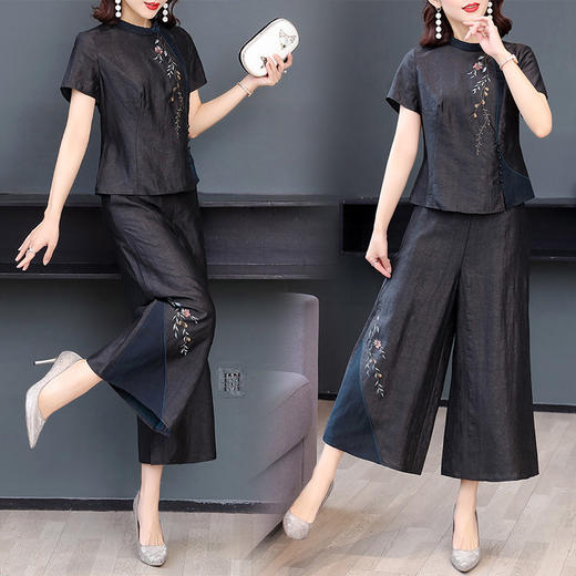 新款气质复古绣花上衣阔腿裤妈妈装大码两件套AHM-qyy9607 商品图2