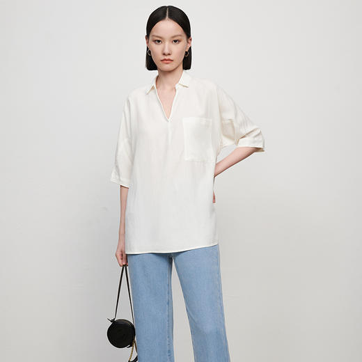 IN AND ON 19-8006春夏女士衬衫新款亚麻宽松百搭通勤显瘦V领上衣 商品图1
