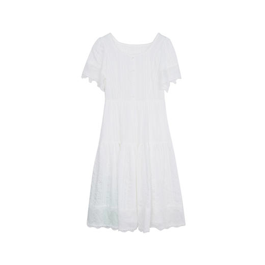 谜底方领连衣裙2023夏款小清新白色裙子收腰中长裙短袖232ML0699 商品图4