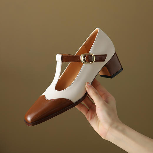 春秋新款，真皮拼色粗跟浅口单鞋DZM-AA2332 商品图0