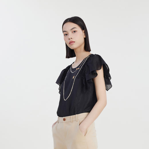 谜底飞飞袖上衣女2023夏新款复古特色印花圆领修身短袖232MS0639 商品图1