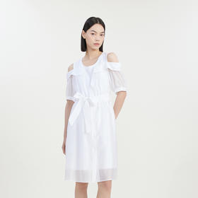 谜底露肩连衣裙2023夏新款时尚圆领收腰拼接中长裙短袖232ML0662