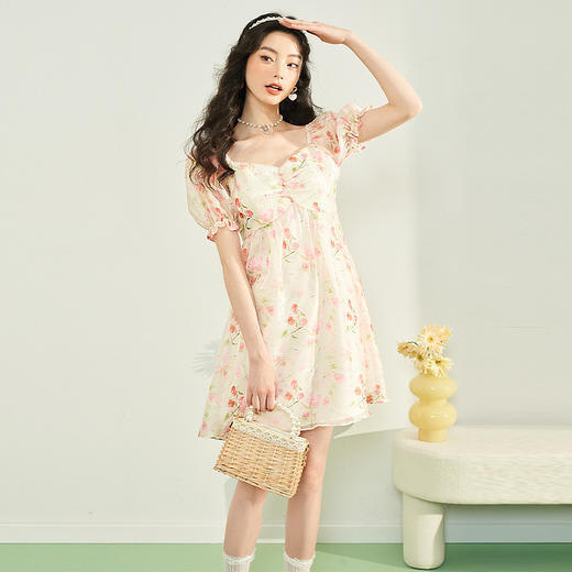 西遇法式碎花连衣裙女夏季新款晕染甜美高腰娃娃裙粉色短裙10930665 商品图4