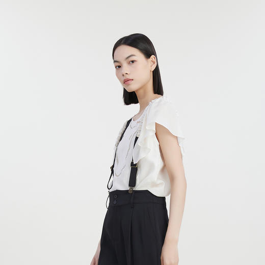 谜底飞飞袖短袖上衣女2023夏季新款复古印花圆领木耳边232MS0700 商品图3