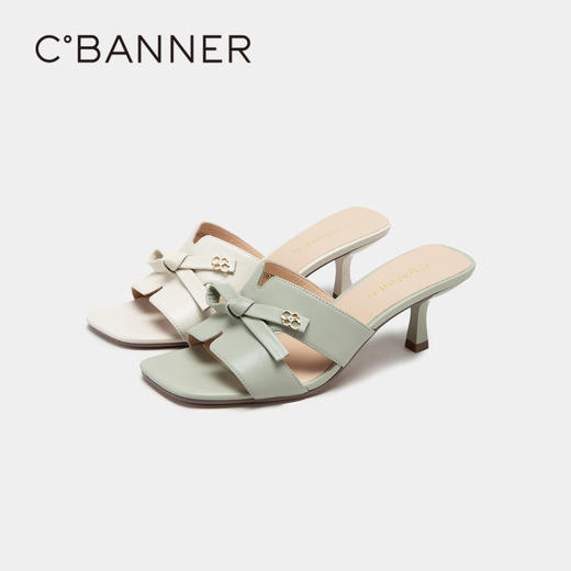 千百度女鞋夏季凉拖鞋百搭羊皮细跟拖高跟鞋踩屎感外穿 A23367373 商品图4