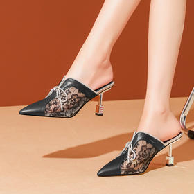 夏季百搭，水钻蕾丝真皮透气包头凉拖YLY-7883-3