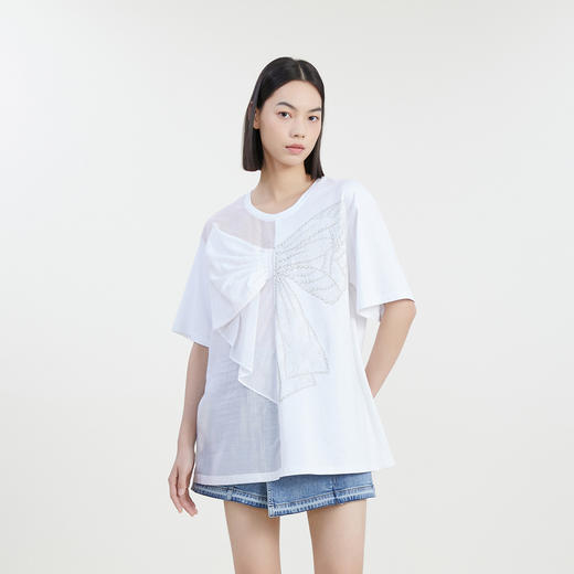 谜底中长款绣花T恤女2023夏季新款时尚拼接宽松上衣短袖232MT0713 商品图0