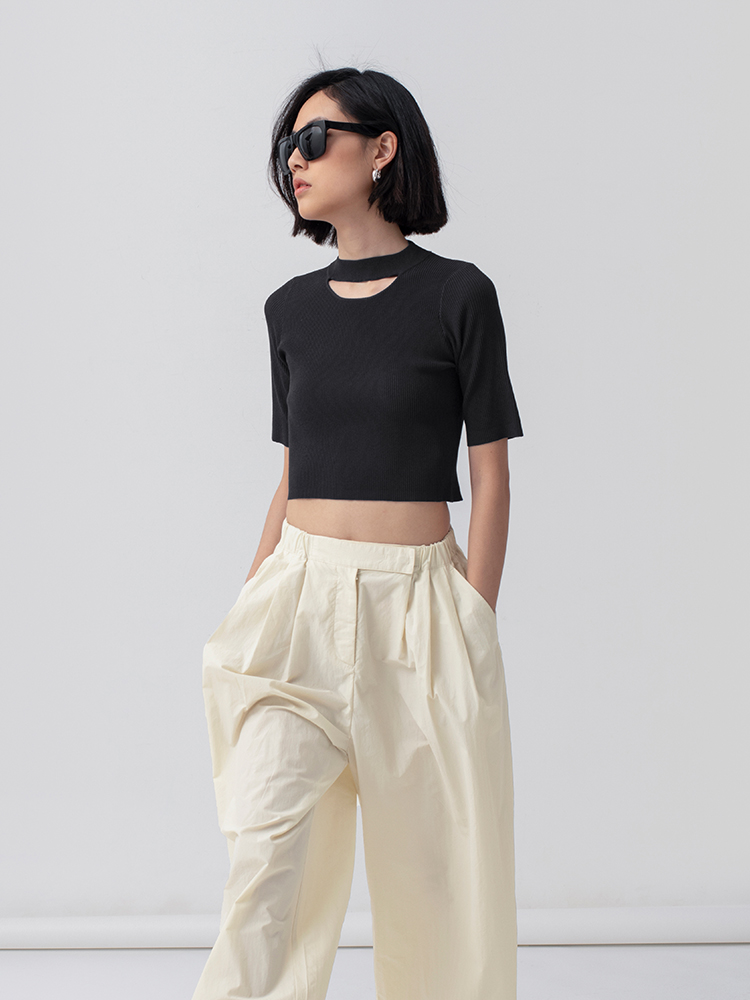 322工房解构美学人造丝开口笑针织T恤2023春夏百搭短袖针织衫B035