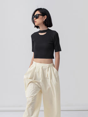 322工房解构美学人造丝开口笑针织T恤2023春夏百搭短袖针织衫B035