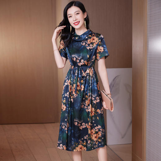 ASE-23032真丝连衣裙夏季新款复古设计感印花桑蚕丝收腰显瘦裙子 商品图5