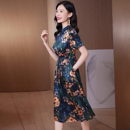 ASE-23032真丝连衣裙夏季新款复古设计感印花桑蚕丝收腰显瘦裙子 商品图1