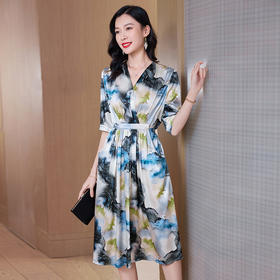 ASE-23001 复古国墨画元素桑蚕丝连衣裙夏季新款心形收腰显瘦裙子