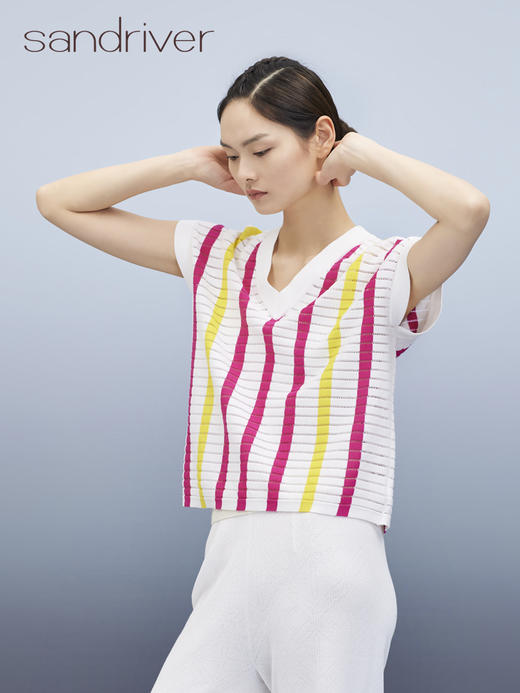 V领竖条撞色女套衫  SJS95W066K 商品图3