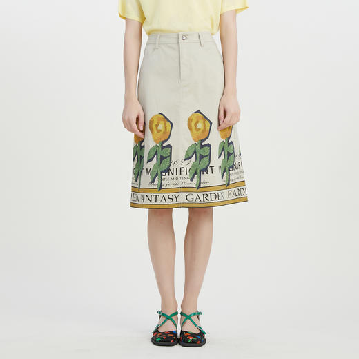 谜底A字型半身裙女2023夏季新款复古特色印花中长款半裙232MB0704 商品图0