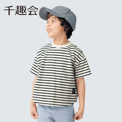 【T恤】千趣会夏款男女童下摆弧形裁剪时尚布标珠地网眼棉质短袖T恤1229025 商品图1