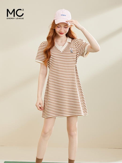 MC2法式V领条纹T恤裙2023夏新款收腰显瘦A字裙小个子气质连衣裙 商品图1