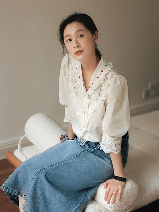 Even Vintage | 浪漫氛围感 原创设计法式复古刺绣蕾丝拼接白衬衫 商品图1